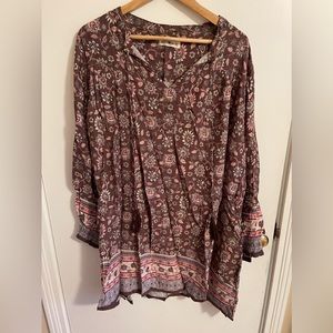 Natural Life Brown Pink Floral Tie Front Dress Blouse